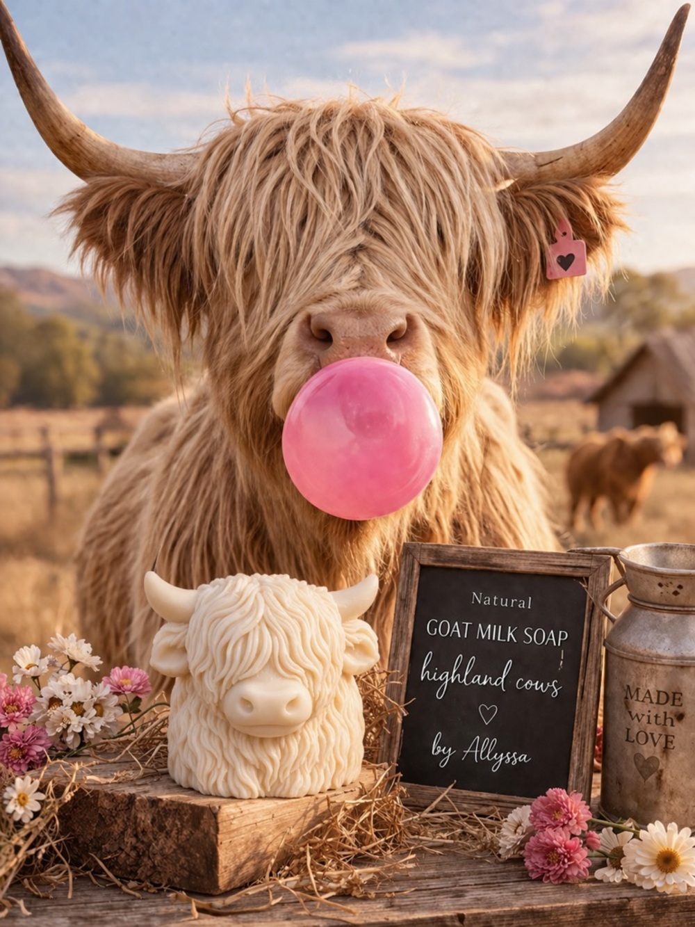 Purple handcrafted Handmade Highland Cow Goat Milk Soap - purple strawberry